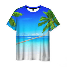 Мужская футболка 3D с принтом Лазурный берег в Санкт-Петербурге, 100% полиэфир | прямой крой, круглый вырез горловины, длина до линии бедер | Тематика изображения на принте: берег | лето | море | океан | отдых | пальма | песок