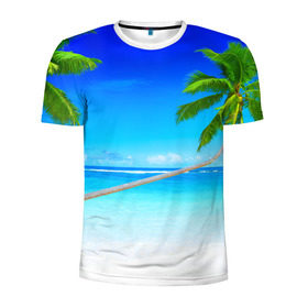 Мужская футболка 3D спортивная с принтом Лазурный берег в Санкт-Петербурге, 100% полиэстер с улучшенными характеристиками | приталенный силуэт, круглая горловина, широкие плечи, сужается к линии бедра | Тематика изображения на принте: берег | лето | море | океан | отдых | пальма | песок