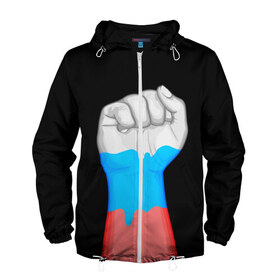 Мужская ветровка 3D с принтом Русский кулак в Санкт-Петербурге, 100% полиэстер | подол и капюшон оформлены резинкой с фиксаторами, два кармана без застежек по бокам, один потайной карман на груди | бодиарт | россия | триколор | флаг