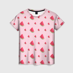 Женская футболка 3D с принтом Сочные арбузики в Санкт-Петербурге, 100% полиэфир ( синтетическое хлопкоподобное полотно) | прямой крой, круглый вырез горловины, длина до линии бедер | арбузы | арт | еда | лето | фрукты
