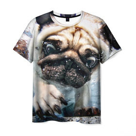 Мужская футболка 3D с принтом Мопс в Санкт-Петербурге, 100% полиэфир | прямой крой, круглый вырез горловины, длина до линии бедер | animal | breed | bubbles | diving | dog | eyes bulging | pug | water | вода | выпученные | глаза | животное | мопс | ныряет | порода | пузыри | собака