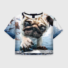 Женская футболка 3D укороченная с принтом Мопс в Санкт-Петербурге, 100% полиэстер | круглая горловина, длина футболки до линии талии, рукава с отворотами | animal | breed | bubbles | diving | dog | eyes bulging | pug | water | вода | выпученные | глаза | животное | мопс | ныряет | порода | пузыри | собака