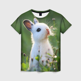 Женская футболка 3D с принтом Кролик в Санкт-Петербурге, 100% полиэфир ( синтетическое хлопкоподобное полотно) | прямой крой, круглый вырез горловины, длина до линии бедер | animal | baby | cute | flowers | fluffy | hare | lawn | little | meadow | rabbit | животное | заяц | кролик | луг | лужайка | маленький | малыш | милый | пушистый | цветы