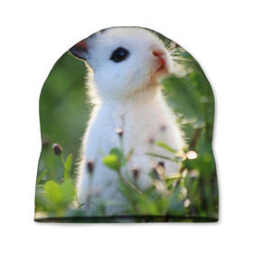 Шапка 3D с принтом Кролик в Санкт-Петербурге, 100% полиэстер | универсальный размер, печать по всей поверхности изделия | animal | baby | cute | flowers | fluffy | hare | lawn | little | meadow | rabbit | животное | заяц | кролик | луг | лужайка | маленький | малыш | милый | пушистый | цветы