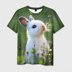 Мужская футболка 3D с принтом Кролик в Санкт-Петербурге, 100% полиэфир | прямой крой, круглый вырез горловины, длина до линии бедер | animal | baby | cute | flowers | fluffy | hare | lawn | little | meadow | rabbit | животное | заяц | кролик | луг | лужайка | маленький | малыш | милый | пушистый | цветы