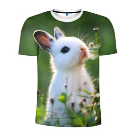 Мужская футболка 3D спортивная с принтом Кролик в Санкт-Петербурге, 100% полиэстер с улучшенными характеристиками | приталенный силуэт, круглая горловина, широкие плечи, сужается к линии бедра | Тематика изображения на принте: animal | baby | cute | flowers | fluffy | hare | lawn | little | meadow | rabbit | животное | заяц | кролик | луг | лужайка | маленький | малыш | милый | пушистый | цветы