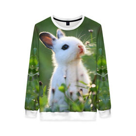 Женский свитшот 3D с принтом Кролик в Санкт-Петербурге, 100% полиэстер с мягким внутренним слоем | круглый вырез горловины, мягкая резинка на манжетах и поясе, свободная посадка по фигуре | animal | baby | cute | flowers | fluffy | hare | lawn | little | meadow | rabbit | животное | заяц | кролик | луг | лужайка | маленький | малыш | милый | пушистый | цветы