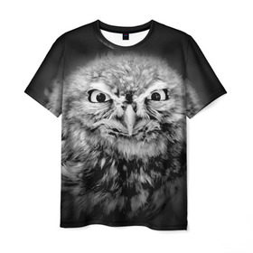 Мужская футболка 3D с принтом Сова в Санкт-Петербурге, 100% полиэфир | прямой крой, круглый вырез горловины, длина до линии бедер | beak | bird | eyes | fear | hypnosis | look | night | owl | predator | взгляд | гипноз | глаза | клюв | ночь | птица | сова | хищник