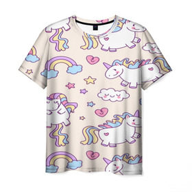 Мужская футболка 3D с принтом Радужные Единорожки в Санкт-Петербурге, 100% полиэфир | прямой крой, круглый вырез горловины, длина до линии бедер | unicorn | белый | единорог | лошадь | облако | радуга | розовый | сердце | улыбка | фиолетовый | цвет