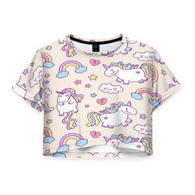 Женская футболка 3D укороченная с принтом Радужные Единорожки в Санкт-Петербурге, 100% полиэстер | круглая горловина, длина футболки до линии талии, рукава с отворотами | unicorn | белый | единорог | лошадь | облако | радуга | розовый | сердце | улыбка | фиолетовый | цвет