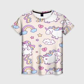 Женская футболка 3D с принтом Радужные Единорожки в Санкт-Петербурге, 100% полиэфир ( синтетическое хлопкоподобное полотно) | прямой крой, круглый вырез горловины, длина до линии бедер | unicorn | белый | единорог | лошадь | облако | радуга | розовый | сердце | улыбка | фиолетовый | цвет