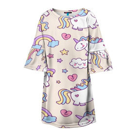 Детское платье 3D с принтом Радужные Единорожки в Санкт-Петербурге, 100% полиэстер | прямой силуэт, чуть расширенный к низу. Круглая горловина, на рукавах — воланы | Тематика изображения на принте: unicorn | белый | единорог | лошадь | облако | радуга | розовый | сердце | улыбка | фиолетовый | цвет