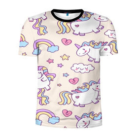 Мужская футболка 3D спортивная с принтом Радужные Единорожки в Санкт-Петербурге, 100% полиэстер с улучшенными характеристиками | приталенный силуэт, круглая горловина, широкие плечи, сужается к линии бедра | unicorn | белый | единорог | лошадь | облако | радуга | розовый | сердце | улыбка | фиолетовый | цвет
