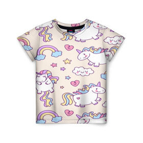 Детская футболка 3D с принтом Радужные Единорожки в Санкт-Петербурге, 100% гипоаллергенный полиэфир | прямой крой, круглый вырез горловины, длина до линии бедер, чуть спущенное плечо, ткань немного тянется | unicorn | белый | единорог | лошадь | облако | радуга | розовый | сердце | улыбка | фиолетовый | цвет