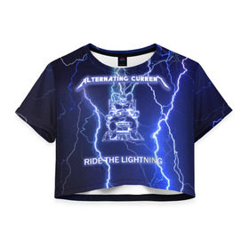 Женская футболка 3D укороченная с принтом Metallica - Ride the Lightning в Санкт-Петербурге, 100% полиэстер | круглая горловина, длина футболки до линии талии, рукава с отворотами | album | metal | metallica | ride the lightning | rock | альбом | метал | металлика | молния | рок