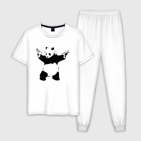 Мужская пижама хлопок с принтом Panda & Guns в Санкт-Петербурге, 100% хлопок | брюки и футболка прямого кроя, без карманов, на брюках мягкая резинка на поясе и по низу штанин
 | panda | крутой | оружие | панда | пистолет | револьвер | рисунок