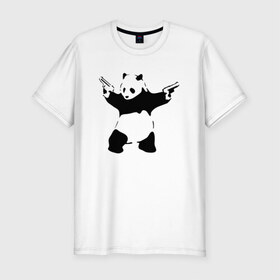 Мужская футболка премиум с принтом Panda & Guns в Санкт-Петербурге, 92% хлопок, 8% лайкра | приталенный силуэт, круглый вырез ворота, длина до линии бедра, короткий рукав | Тематика изображения на принте: panda | крутой | оружие | панда | пистолет | револьвер | рисунок