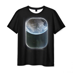Мужская футболка 3D с принтом Земля в иллюминаторе в Санкт-Петербурге, 100% полиэфир | прямой крой, круглый вырез горловины, длина до линии бедер | земля | космический корабль | космос | планета