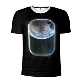 Мужская футболка 3D спортивная с принтом Земля в иллюминаторе в Санкт-Петербурге, 100% полиэстер с улучшенными характеристиками | приталенный силуэт, круглая горловина, широкие плечи, сужается к линии бедра | земля | космический корабль | космос | планета
