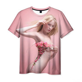 Мужская футболка 3D с принтом Сюрреализм в Санкт-Петербурге, 100% полиэфир | прямой крой, круглый вырез горловины, длина до линии бедер | blonde | flowers | girl | lace | naked | nude | photo | surrealism | блондинка | девушка | сюрреализм | фото | цветы | шнуровка