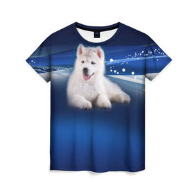 Женская футболка 3D с принтом Щенок хаски в Санкт-Петербурге, 100% полиэфир ( синтетическое хлопкоподобное полотно) | прямой крой, круглый вырез горловины, длина до линии бедер | кутёнок | прикольные картинки | собака | хаска | щенок