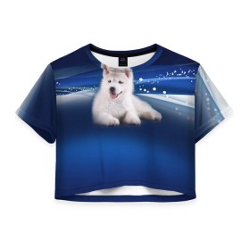 Женская футболка 3D укороченная с принтом Щенок хаски в Санкт-Петербурге, 100% полиэстер | круглая горловина, длина футболки до линии талии, рукава с отворотами | кутёнок | прикольные картинки | собака | хаска | щенок