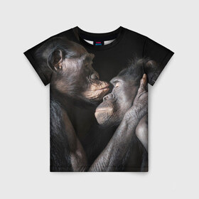 Детская футболка 3D с принтом Шимпанзе в Санкт-Петербурге, 100% гипоаллергенный полиэфир | прямой крой, круглый вырез горловины, длина до линии бедер, чуть спущенное плечо, ткань немного тянется | chimps | family | feelings | kiss | monkeys | primates | любовь | обезьяны | поцелуй | приматы | семья | чувства | шимпанзе