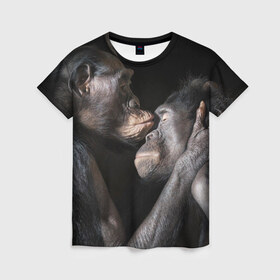 Женская футболка 3D с принтом Шимпанзе в Санкт-Петербурге, 100% полиэфир ( синтетическое хлопкоподобное полотно) | прямой крой, круглый вырез горловины, длина до линии бедер | chimps | family | feelings | kiss | monkeys | primates | любовь | обезьяны | поцелуй | приматы | семья | чувства | шимпанзе