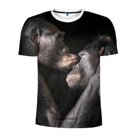 Мужская футболка 3D спортивная с принтом Шимпанзе в Санкт-Петербурге, 100% полиэстер с улучшенными характеристиками | приталенный силуэт, круглая горловина, широкие плечи, сужается к линии бедра | Тематика изображения на принте: chimps | family | feelings | kiss | monkeys | primates | любовь | обезьяны | поцелуй | приматы | семья | чувства | шимпанзе