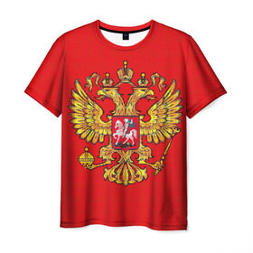 Мужская футболка 3D с принтом Герб России в Санкт-Петербурге, 100% полиэфир | прямой крой, круглый вырез горловины, длина до линии бедер | вышивка | герб россии | двуглавый орел | держава | красный | москва | скипетр | фон