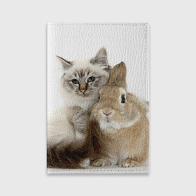Обложка для паспорта матовая кожа с принтом Кот и кролик в Санкт-Петербурге, натуральная матовая кожа | размер 19,3 х 13,7 см; прозрачные пластиковые крепления | Тематика изображения на принте: cat | cute | fluffy | friends | friendship | hug | kitty | rabbit | toddlers | дружба | друзья | кот | котенок | кролик | любовь | малыши | милые | обнимаются | пушистые