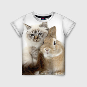 Детская футболка 3D с принтом Кот и кролик в Санкт-Петербурге, 100% гипоаллергенный полиэфир | прямой крой, круглый вырез горловины, длина до линии бедер, чуть спущенное плечо, ткань немного тянется | Тематика изображения на принте: cat | cute | fluffy | friends | friendship | hug | kitty | rabbit | toddlers | дружба | друзья | кот | котенок | кролик | любовь | малыши | милые | обнимаются | пушистые