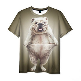 Мужская футболка 3D с принтом Бульдог английский в Санкт-Петербурге, 100% полиэфир | прямой крой, круглый вырез горловины, длина до линии бедер | animals | breed | dog | english bulldog | funny | joke | pants | surrealism | бульдог английский | животное | порода | прикол | собака | сюрреализм | шутка