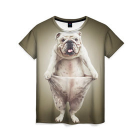 Женская футболка 3D с принтом Бульдог английский в Санкт-Петербурге, 100% полиэфир ( синтетическое хлопкоподобное полотно) | прямой крой, круглый вырез горловины, длина до линии бедер | animals | breed | dog | english bulldog | funny | joke | pants | surrealism | бульдог английский | животное | порода | прикол | собака | сюрреализм | шутка