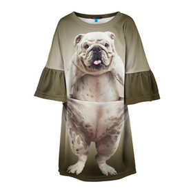 Детское платье 3D с принтом Бульдог английский в Санкт-Петербурге, 100% полиэстер | прямой силуэт, чуть расширенный к низу. Круглая горловина, на рукавах — воланы | animals | breed | dog | english bulldog | funny | joke | pants | surrealism | бульдог английский | животное | порода | прикол | собака | сюрреализм | шутка