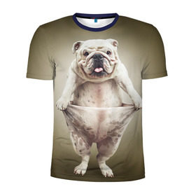 Мужская футболка 3D спортивная с принтом Бульдог английский в Санкт-Петербурге, 100% полиэстер с улучшенными характеристиками | приталенный силуэт, круглая горловина, широкие плечи, сужается к линии бедра | Тематика изображения на принте: animals | breed | dog | english bulldog | funny | joke | pants | surrealism | бульдог английский | животное | порода | прикол | собака | сюрреализм | шутка
