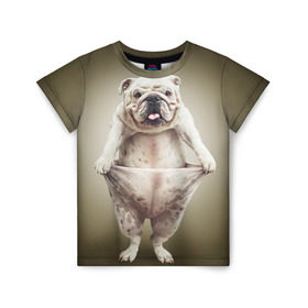 Детская футболка 3D с принтом Бульдог английский в Санкт-Петербурге, 100% гипоаллергенный полиэфир | прямой крой, круглый вырез горловины, длина до линии бедер, чуть спущенное плечо, ткань немного тянется | animals | breed | dog | english bulldog | funny | joke | pants | surrealism | бульдог английский | животное | порода | прикол | собака | сюрреализм | шутка