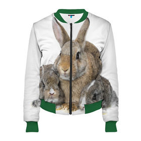 Женский бомбер 3D с принтом Кролики в Санкт-Петербурге, 100% полиэстер | застегивается на молнию, по бокам два кармана без застежек, мягкие манжеты, по низу бомбера и на воротнике — эластичная резинка | animals | bunnies | cute | eared | family | fluffy | kids | mom | rabbits | животные | зайцы | кролики | малыши | мама | милые | пушистые | семья | ушастые