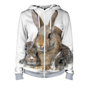 Женская толстовка 3D на молнии с принтом Кролики в Санкт-Петербурге, 100% полиэстер | длина до линии бедра, манжеты и пояс оформлены мягкой тканевой резинкой, двухслойный капюшон со шнурком для регулировки, спереди молния, по бокам два кармана | animals | bunnies | cute | eared | family | fluffy | kids | mom | rabbits | животные | зайцы | кролики | малыши | мама | милые | пушистые | семья | ушастые