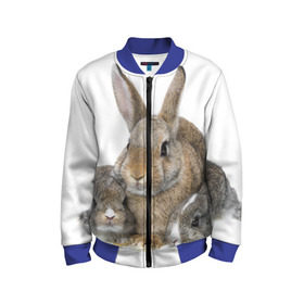 Детский бомбер 3D с принтом Кролики в Санкт-Петербурге, 100% полиэстер | застегивается на молнию, по бокам два кармана без застежек, мягкие манжеты, по низу бомбера и на воротнике — эластичная резинка | animals | bunnies | cute | eared | family | fluffy | kids | mom | rabbits | животные | зайцы | кролики | малыши | мама | милые | пушистые | семья | ушастые