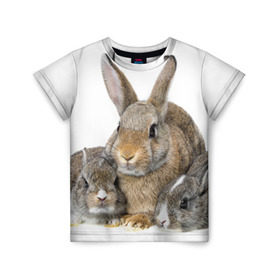 Детская футболка 3D с принтом Кролики в Санкт-Петербурге, 100% гипоаллергенный полиэфир | прямой крой, круглый вырез горловины, длина до линии бедер, чуть спущенное плечо, ткань немного тянется | animals | bunnies | cute | eared | family | fluffy | kids | mom | rabbits | животные | зайцы | кролики | малыши | мама | милые | пушистые | семья | ушастые