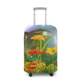 Чехол для чемодана 3D с принтом Цветы и мыльный пузырь в Санкт-Петербурге, 86% полиэфир, 14% спандекс | двустороннее нанесение принта, прорези для ручек и колес | 