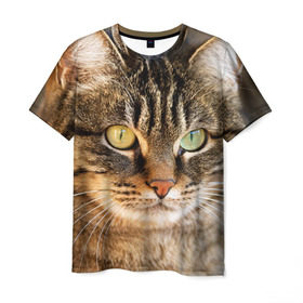 Мужская футболка 3D с принтом Кот в Санкт-Петербурге, 100% полиэфир | прямой крой, круглый вырез горловины, длина до линии бедер | animal | cat | eyes | face | head | kote | mustache | pet | взгляд | глаза | голова | домашнее | животное | кот | котэ | кошка | усы