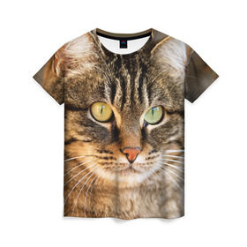 Женская футболка 3D с принтом Кот в Санкт-Петербурге, 100% полиэфир ( синтетическое хлопкоподобное полотно) | прямой крой, круглый вырез горловины, длина до линии бедер | animal | cat | eyes | face | head | kote | mustache | pet | взгляд | глаза | голова | домашнее | животное | кот | котэ | кошка | усы