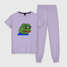 Женская пижама хлопок с принтом sad frog в Санкт-Петербурге, 100% хлопок | брюки и футболка прямого кроя, без карманов, на брюках мягкая резинка на поясе и по низу штанин | pepe | грустная | мемы | пепе