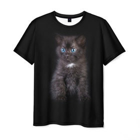 Мужская футболка 3D с принтом Чёрный котёнок в Санкт-Петербурге, 100% полиэфир | прямой крой, круглый вырез горловины, длина до линии бедер | Тематика изображения на принте: киска | кот | кошка