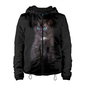 Женская куртка 3D с принтом Чёрный котёнок в Санкт-Петербурге, ткань верха — 100% полиэстер, подклад — флис | прямой крой, подол и капюшон оформлены резинкой с фиксаторами, два кармана без застежек по бокам, один большой потайной карман на груди. Карман на груди застегивается на липучку | киска | кот | кошка