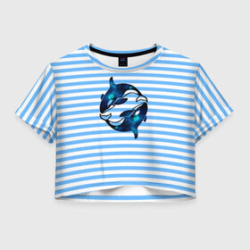 Женская футболка 3D укороченная с принтом Космические косатки в Санкт-Петербурге, 100% полиэстер | круглая горловина, длина футболки до линии талии, рукава с отворотами | orca | sea | whale | галактика | звезды | кит | косатка | космос | море | океан