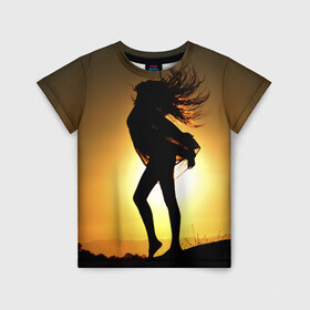 Детская футболка 3D с принтом Девушка на закате в Санкт-Петербурге, 100% гипоаллергенный полиэфир | прямой крой, круглый вырез горловины, длина до линии бедер, чуть спущенное плечо, ткань немного тянется | Тематика изображения на принте: девушка | закат | солнце