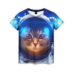 Женская футболка 3D с принтом Кот космонавт в Санкт-Петербурге, 100% полиэфир ( синтетическое хлопкоподобное полотно) | прямой крой, круглый вырез горловины, длина до линии бедер | кот | кошка | скафандр